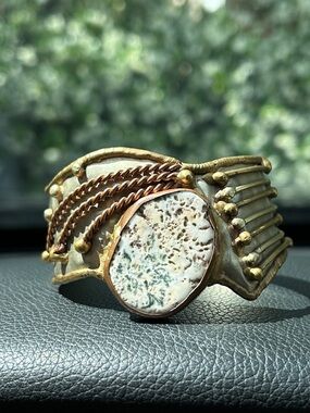 Handcrafted Brutalist Natural Stone Brass Coper Cuff Bracelet